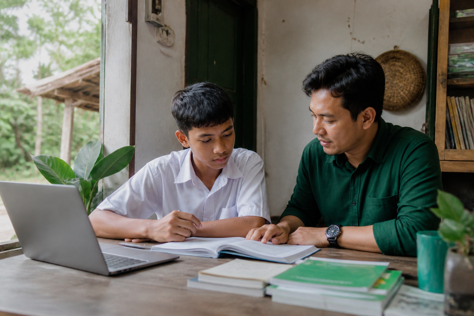 Pelajar Indonesia belajar bersama mentor menggunakan buku dan laptop